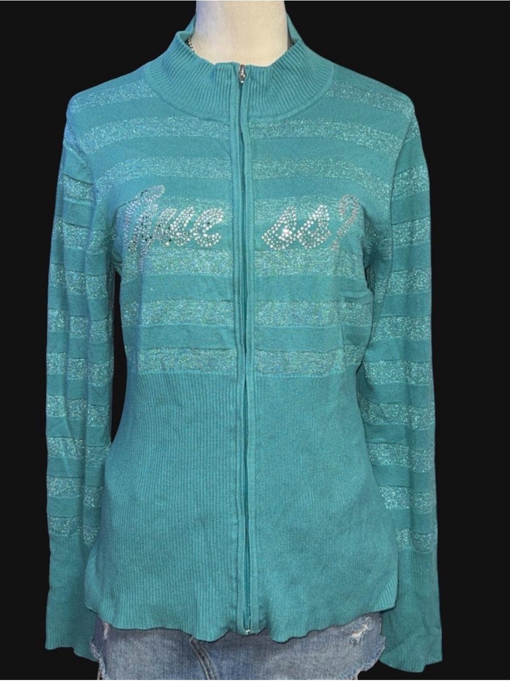 Guess Teal Long Sleeve Zip-Up Top with Sparkle Stripes